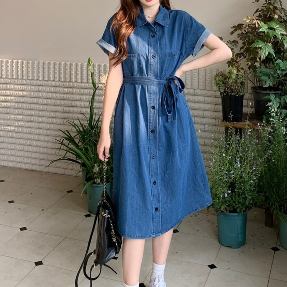 Denim Midi Dress with Belt, Vintage Denim Dress, Denim Shirt Collar Dress